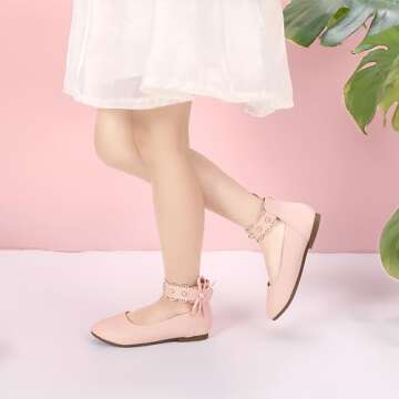 PANDANINJIA Flower Girl Dress Shoes Girls Ballet Flats Pearls Bow Mary Jane Ankle Strap Wedding Part...