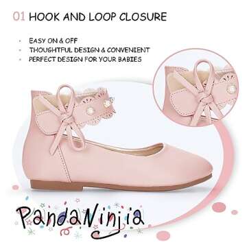 PANDANINJIA Flower Girl Dress Shoes Girls Ballet Flats Pearls Bow Mary Jane Ankle Strap Wedding Party Shoes for Toddler Little Big Kid(Pink Pu 9 M US Toddler)