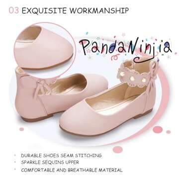 PANDANINJIA Flower Girl Dress Shoes Girls Ballet Flats Pearls Bow Mary Jane Ankle Strap Wedding Party Shoes for Toddler Little Big Kid(Pink Pu 9 M US Toddler)