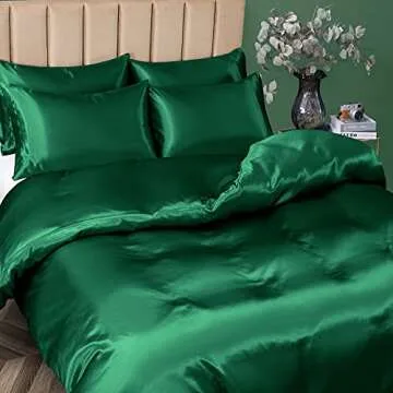 P Pothuiny 5 Pieces Satin Duvet Cover Full/Queen Size Set, Luxury Silky Like Emerald Green Duvet Cover Bedding Set with Zipper Closure, 1 Duvet Cover + 4 Pillow Cases (No Comforter)