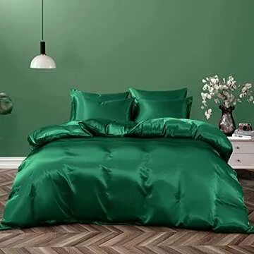 P Pothuiny 5 Pieces Satin Duvet Cover Full/Queen Size Set, Luxury Silky Like Emerald Green Duvet Cover Bedding Set with Zipper Closure, 1 Duvet Cover + 4 Pillow Cases (No Comforter)