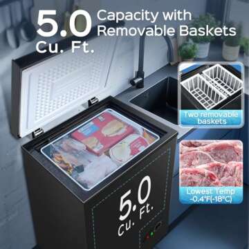 Anypro Chest Freezer 5.0 Cu.Ft, FreeStanding Top Door Compact Small Deep Mini Freezer with 2 Removable Baskets, 7 Adjustable Temperatures for Garage Dorm Apartment RV Kitchen Business, Black