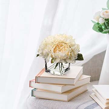 Cream Fake Flowers with Vase Hydrangea Artificial Flowers in Vase Peony Faux Flowers in Vase Rose Silk Flowers Peonies Floral Arrangements Artificial with Vase for Home Office Table Shelf Decoration
