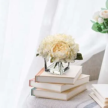 Cream Fake Flowers with Vase Hydrangea Artificial Flowers in Vase Peony Faux Flowers in Vase Rose Silk Flowers Peonies Floral Arrangements Artificial with Vase for Home Office Table Shelf Decoration