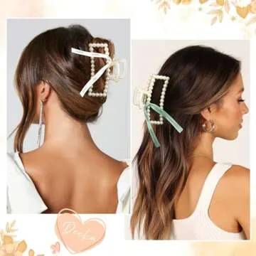 DEEKA Bridesmaid Gifts Set of 8 Bridesmaid Proposal Gift Pearl Bride Hair Clips with Ribbon Large Hair Clips Bachelorette Party Favors Bridal Party Present Gifts (White&Green)