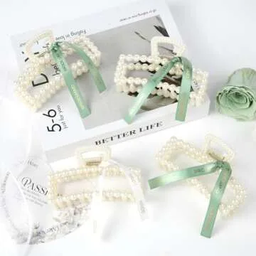 DEEKA Bridesmaid Gifts Set of 8 Bridesmaid Proposal Gift Pearl Bride Hair Clips with Ribbon Large Hair Clips Bachelorette Party Favors Bridal Party Present Gifts (White&Green)