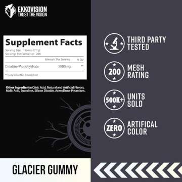 Ekko Creatine Monohydrate Powder, Micronized, Glacier Gummy, Pre Workout & Post Workout Supplement for Men & Women, Energy Support, Easy to Mix in Shakes, Smoothies & Beverages, 200 Servings