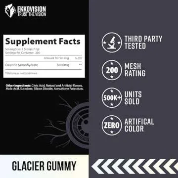 Ekko Creatine Monohydrate Powder, Micronized, Glacier Gummy, Pre Workout & Post Workout Supplement for Men & Women, Energy Support, Easy to Mix in Shakes, Smoothies & Beverages, 200 Servings
