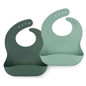 AVA + OLIVER Waterproof Silicone Bib Set with Adjustable Neck - Durable Silicone Bibs for Babies and Toddlers - Deep Food Catcher Pocket Bib for Mess-free Mealtimes - Set of 2 (Forest)
