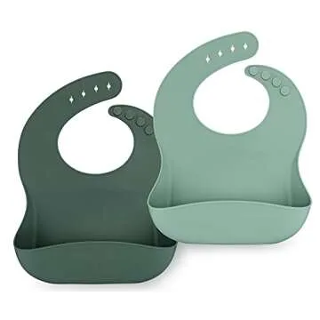 AVA + OLIVER Waterproof Silicone Bib Set with Adjustable Neck - Durable Silicone Bibs for Babies and Toddlers - Deep Food Catcher Pocket Bib for Mess-free Mealtimes - Set of 2 (Forest)