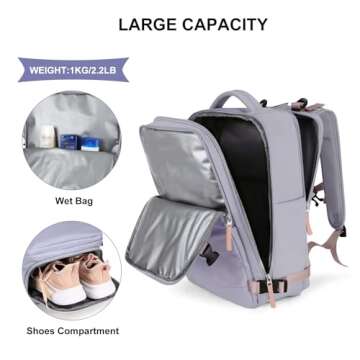 coowoz Large Travel Backpack For Women Men,Carry On Backpack Flight Approved,Hiking Backpack Waterproof Outdoor Sports Rucksack Casual Daypack Fit 15.6 Inch Laptop Shoes Compartment (Light Purple)