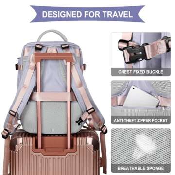 coowoz Large Travel Backpack For Women Men,Carry On Backpack Flight Approved,Hiking Backpack Waterproof Outdoor Sports Rucksack Casual Daypack Fit 15.6 Inch Laptop Shoes Compartment (Light Purple)