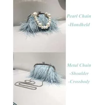 Ostrich Feather Evening Bags Fluffy Clutches for Women, Vintage Pearl Purse Tote Bag for Bridal, Banquet, Party Blue