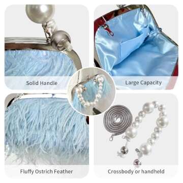 Ostrich Feather Evening Bags Fluffy Clutches for Women, Vintage Pearl Purse Tote Bag for Bridal, Banquet, Party Blue
