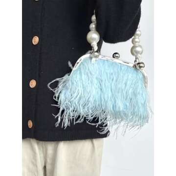 Ostrich Feather Evening Bags Fluffy Clutches for Women, Vintage Pearl Purse Tote Bag for Bridal, Banquet, Party Blue