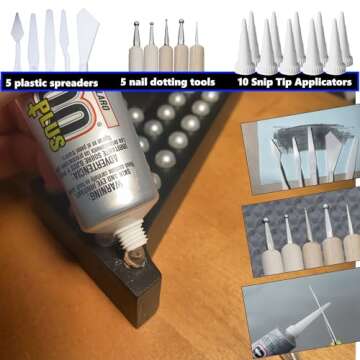 E6000 Plus Adhesive Bundle: 1.9 fl oz Tube with 10 Snip Tip Applicators, Set of 5 Plastic Spreader Tools and Set of 5 Nail Dotting Tools - Double-Headed with Various Sizes for Optimal Application