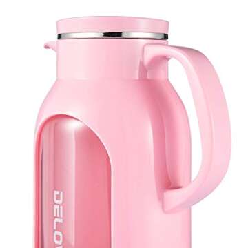 Delove 68 oz/2 Liter Glass Pitcher with Shatterproof Shell - Heat Resistant Glass Liner - Stainless Steel Lid - Carafe & Jug for Iced Tea,Hot/Cold Water,Homemade Juice Beverages (Pink)