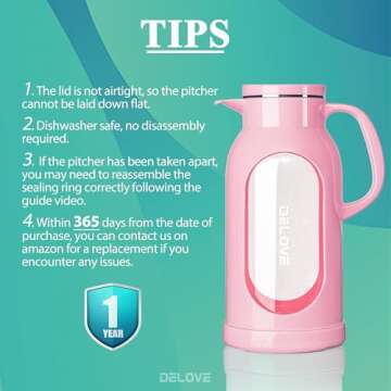Delove 68 oz/2 Liter Glass Pitcher with Shatterproof Shell - Heat Resistant Glass Liner - Stainless Steel Lid - Carafe & Jug for Iced Tea,Hot/Cold Water,Homemade Juice Beverages (Pink)