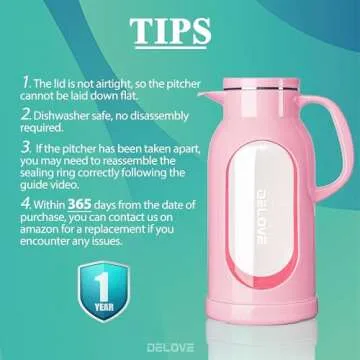 Delove 68 oz/2 Liter Glass Pitcher with Shatterproof Shell - Heat Resistant Glass Liner - Stainless Steel Lid - Carafe & Jug for Iced Tea,Hot/Cold Water,Homemade Juice Beverages (Pink)