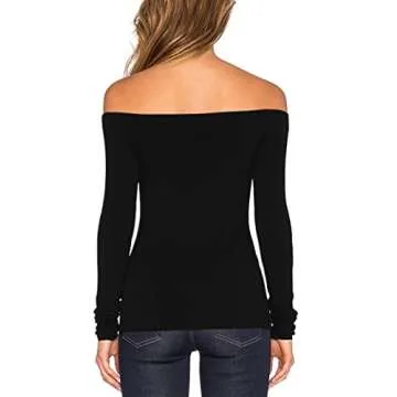 Women's Sexy Slim Fit Stretchy Off Shoulder Long Sleeve Blouse Tops Shirt Black XL