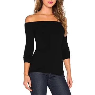 Women's Sexy Slim Fit Stretchy Off Shoulder Long Sleeve Blouse Tops Shirt Black XL