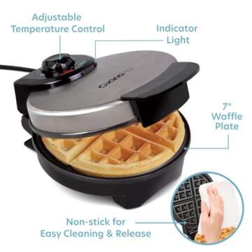 Belgian Waffle Maker- Non-Stick 7" Waffler Iron w Adjustable Browning Control, Electric Baker Makes ...