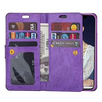 FLYEE Compatible with iPhone 11 (6.1 inch,2019 Release) Wallet Case for Women and Girls with Card Holder,10 Card Slots Premium Leather Zipper case Kickstand Magnetic with Wrist Strap-Purple