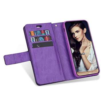 FLYEE Compatible with iPhone 11 (6.1 inch,2019 Release) Wallet Case for Women and Girls with Card Holder,10 Card Slots Premium Leather Zipper case Kickstand Magnetic with Wrist Strap-Purple