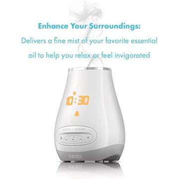 Homedics White Noise Sound Machine for Baby, Kids or Adults with Essential Oil Diffuser, 6 Soothing Sleep Sounds, Bluetooth Speaker, Night Light and Digital Alarm Clock