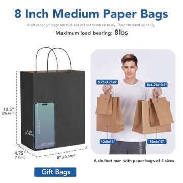 GSSUSA 100 Pack 8x4.25x10'' Paper Bags with Handles Bulk, Black Paper Gift Bags for Small Business, ...