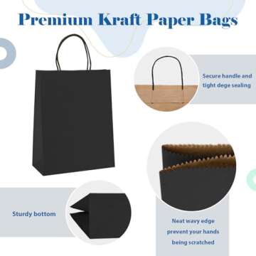 GSSUSA 100 Pack 8x4.25x10'' Paper Bags with Handles Bulk, Black Paper Gift Bags for Small Business, Sturdy Grocery Retail Shopping Bags, Birthday Party Favor Bags, Craft Bags, Kraft Bags