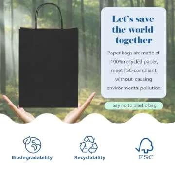 GSSUSA 100 Pack 8x4.25x10'' Paper Bags with Handles Bulk, Black Paper Gift Bags for Small Business, Sturdy Grocery Retail Shopping Bags, Birthday Party Favor Bags, Craft Bags, Kraft Bags