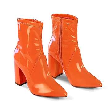 mysoft Women's GoGo Boots Mid Calf Block Heel Ankle Boots Pointed Toe Patent Leather Side Zipper Boo...