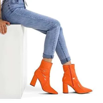 mysoft Women's GoGo Boots Mid Calf Block Heel Ankle Boots Pointed Toe Patent Leather Side Zipper Booties