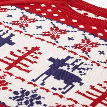 Blueberry Pet Men's Women's Reindeer Snowflake Ugly Christmas Sweater for Pet Owners in Tango Red & Blue, Small, Matching Holiday Dog Sweater Available Separately
