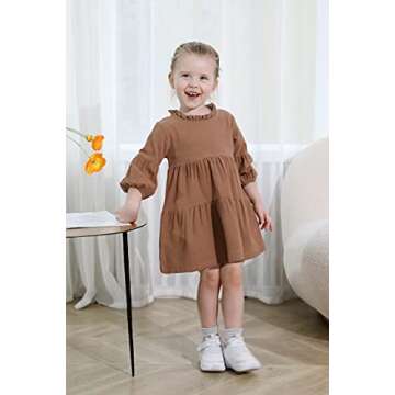 Toddler Girl Dress - Lantern Long Sleeve Casual Outfit for Kids (3-4T, Khaki)