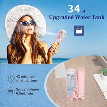 HandFan Handheld Misting Fan with 34ml Water Tank, Portable Mister Fan Rechargeable, Battery Operated Spray Water Mist Fan, Mini Cooling Fans for Makeup, Travel, Outdoors, Disney(Pink)