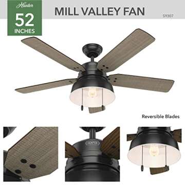 Hunter Fan Company, 59307, 52 inch Mill Valley Matte Black Indoor / Outdoor Ceiling Fan with LED Light Kit and Pull Chain