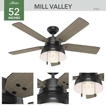 Hunter Fan Company, 59307, 52 inch Mill Valley Matte Black Indoor / Outdoor Ceiling Fan with LED Light Kit and Pull Chain