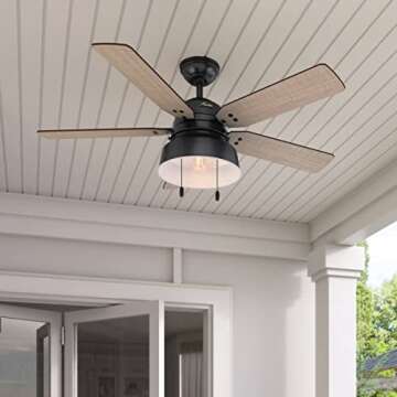 Hunter Fan Company, 59307, 52 inch Mill Valley Matte Black Indoor / Outdoor Ceiling Fan with LED Light Kit and Pull Chain