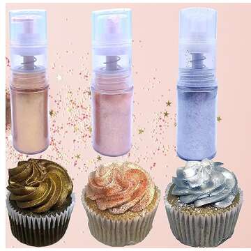 Edible glitter, Spray Luster dust set, powder pump, Rose Gold, Silver and Gold, Metallic Dust Spray ...