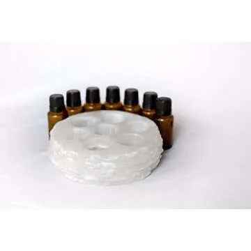 Chiseled Round Essential Oil Holder Case - 100% Hand Carved Onyx Stone - 7 Slots for 15ml Bottles - Decorative Storage and Display (White Cloud)