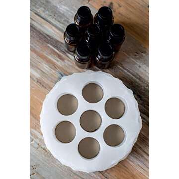 Chiseled Round Essential Oil Holder Case - 100% Hand Carved Onyx Stone - 7 Slots for 15ml Bottles - Decorative Storage and Display (White Cloud)