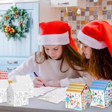 Watersay 12 Pcs Gingerbread Paper Coloring Houses DIY Craft Color Your Own Cardboard Houses Personalize a Cardboard House Christmas Holiday Party Favors Gifts for Girl Boy Classroom Home