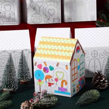 Watersay 12 Pcs Gingerbread Paper Coloring Houses DIY Craft Color Your Own Cardboard Houses Personalize a Cardboard House Christmas Holiday Party Favors Gifts for Girl Boy Classroom Home