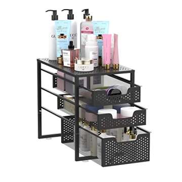 Simple Trending 3-Tier Under Sink Cabinet Organizer with Sliding Storage Drawer, Desktop Organizer for Kitchen Bathroom Office, Stackbale, Black