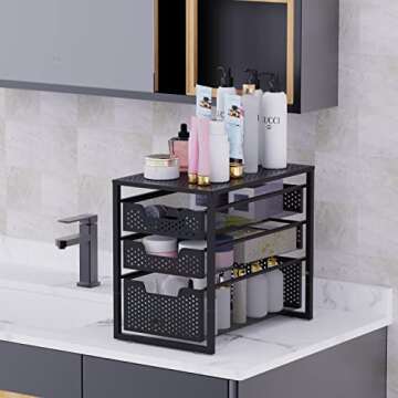 Simple Trending 3-Tier Under Sink Cabinet Organizer with Sliding Storage Drawer, Desktop Organizer for Kitchen Bathroom Office, Stackbale, Black