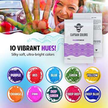 Captain Colors x 100gram Each-Holi, 10 Natural Powders for Color Wars, Fun Runs, Summer Camps, Festi...