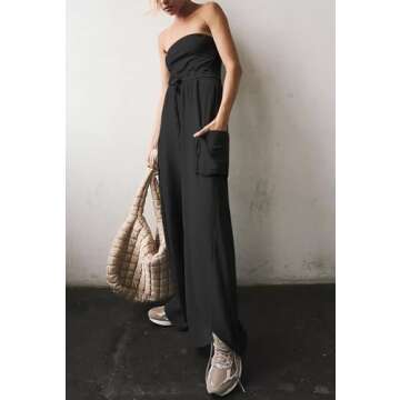 Feager Women's Sexy Strapless Tube Top Jumpsuit Rompers Drawstrings High Waist Wide Leg Jump suit wi...