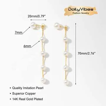 DAILY VIBES 14K Gold Freshwater Pearl Drop Earrings Dangle Dainty Long White Cultured Baroque Pearl ...